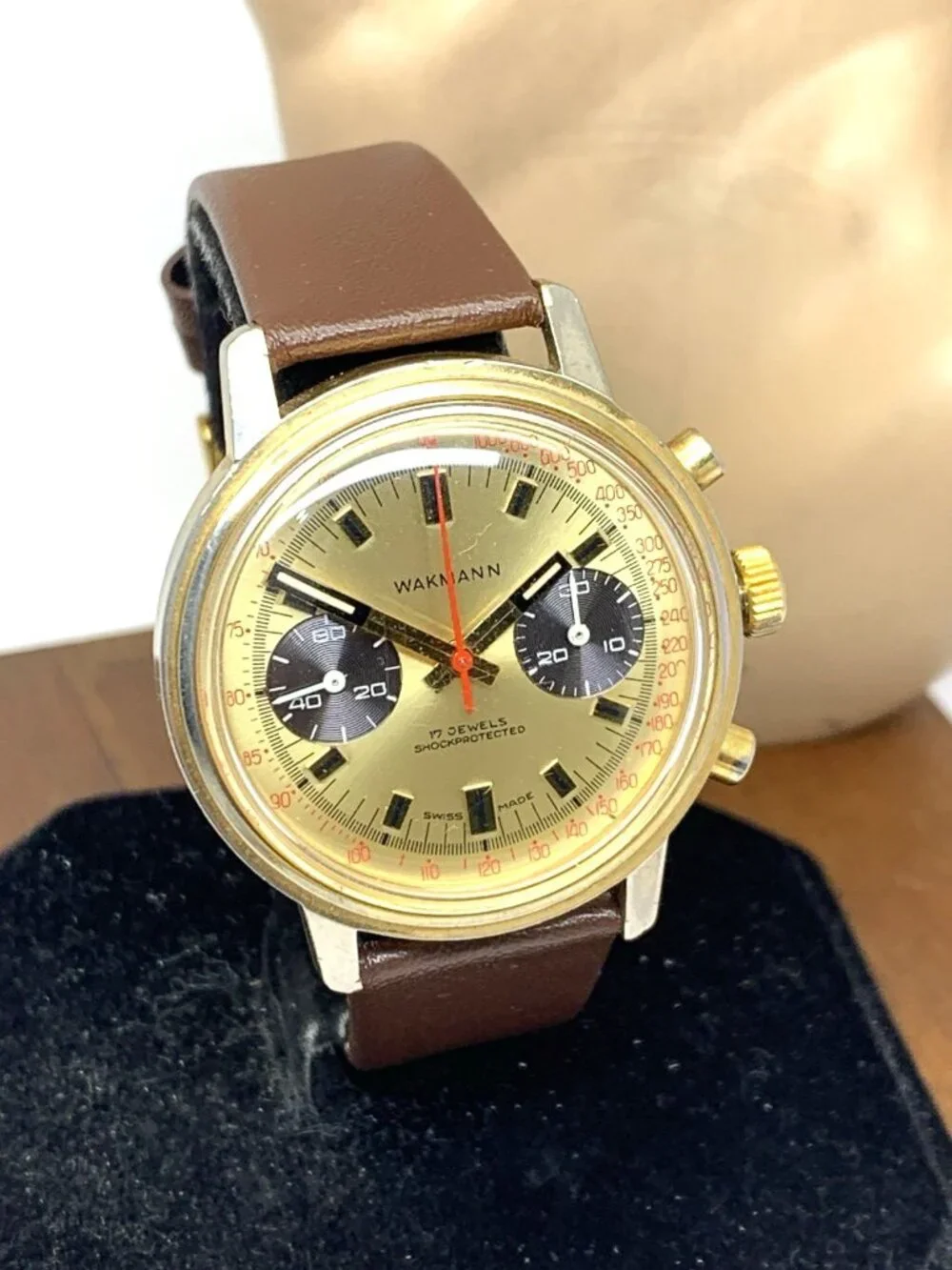 Wakmann Men's Watch Vintage Swiss Manual Wind 1376 Chronograph Gold Dial 37mm